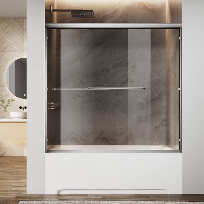 Elegant Double Sliding Shower Door Brushed Nickel Finish Framed With 1/4 inch Clear Tempered Glass