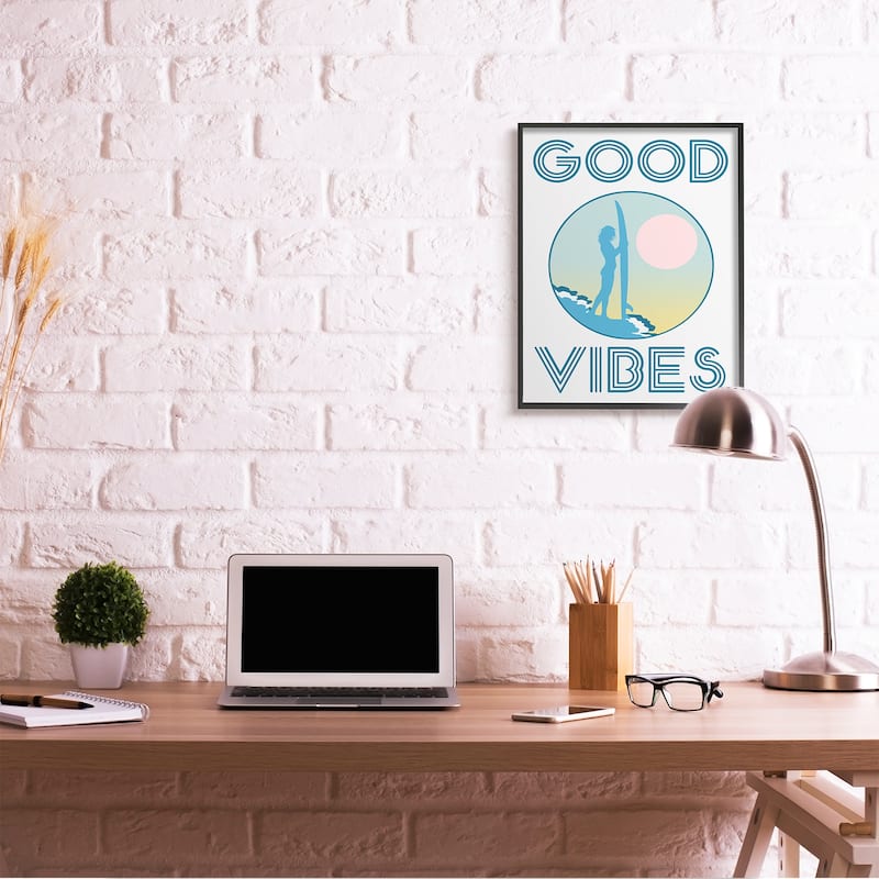 Stupell Good Vibes Text Blue Surfer Chick Sunset Framed Wall Art