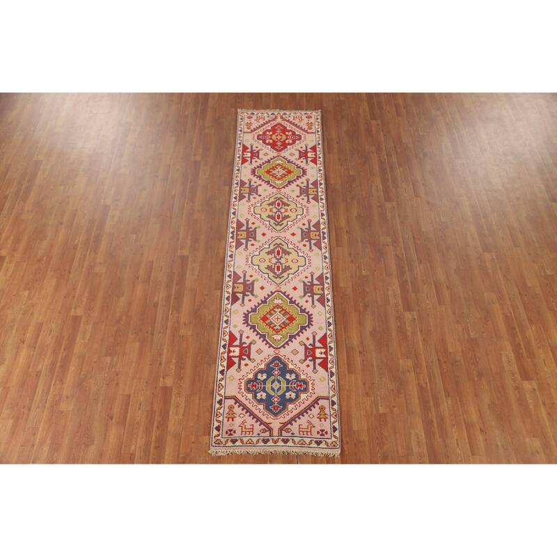 Geometric Kazak Oriental Runner Rug Hallway Handmade Wool Carpet - 2'6" x 9'10"