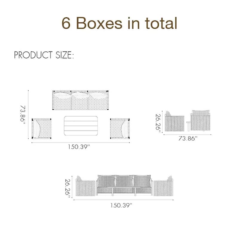 PURPLE LEAF Santorini 6 Piece Grey Sectional Sofa with Ottoman and Cushion for Poolside Garden Outdoor Patio Conversation Set