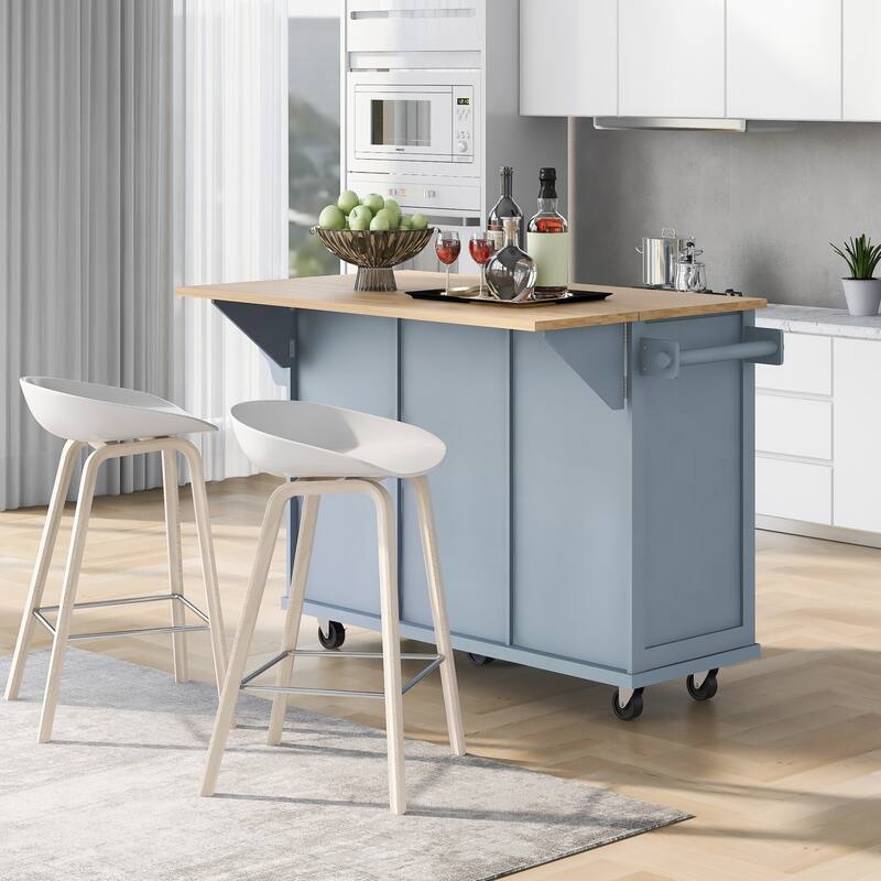 Rolling Kitchen Island Cart with Rubberwood Drop-Leaf Countertop, Storage Cabinet, Drawers & Adjustable Shelves