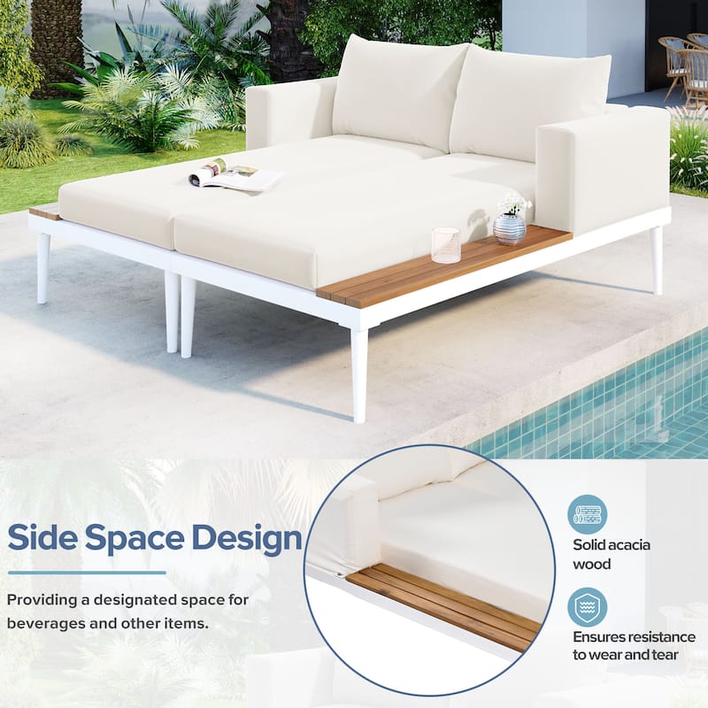 59*55" Outdoor Metal Daybed Frame with Removable Cushion, Patio 2 in 1 Padded Lounge Chaise with Wood Side Table for Drinks