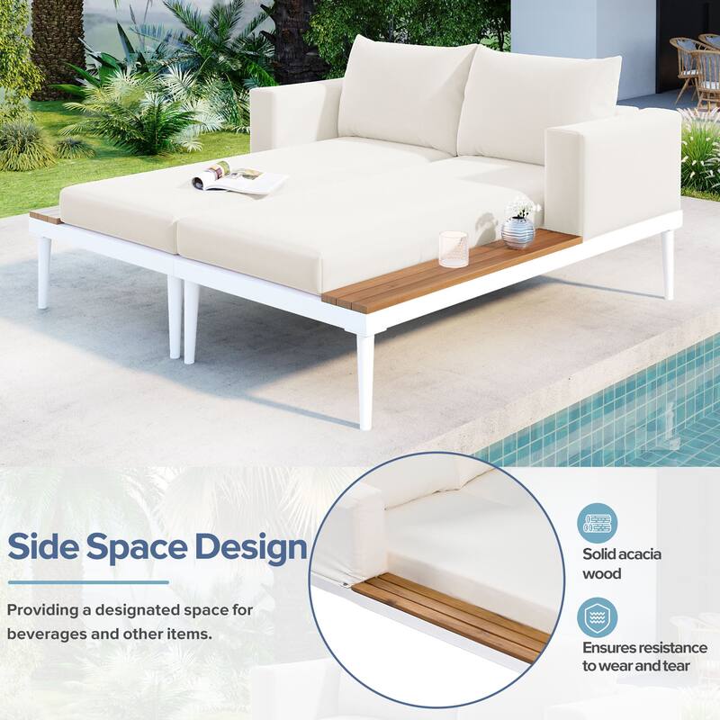 Outdoor Patio Daybed with Acacia Wood Topped Side Spaces, 2-in-1 Design, Adjustable Leg Supports, and Washable Cushions