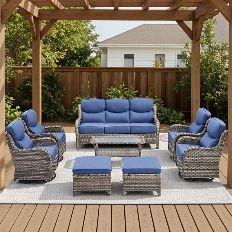 Arcadia 8-Piece Wicker Patio Conversation Set with Swivel Gliders and 6-Inch Thick Olefin Cushions - Navy Blue Cushions - Gray Wicker