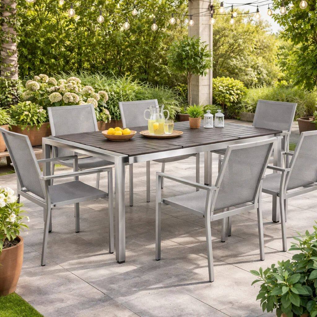 Fifi 71 Inch Outdoor Dining Table, Polyresin Top, Silver Aluminum Frame