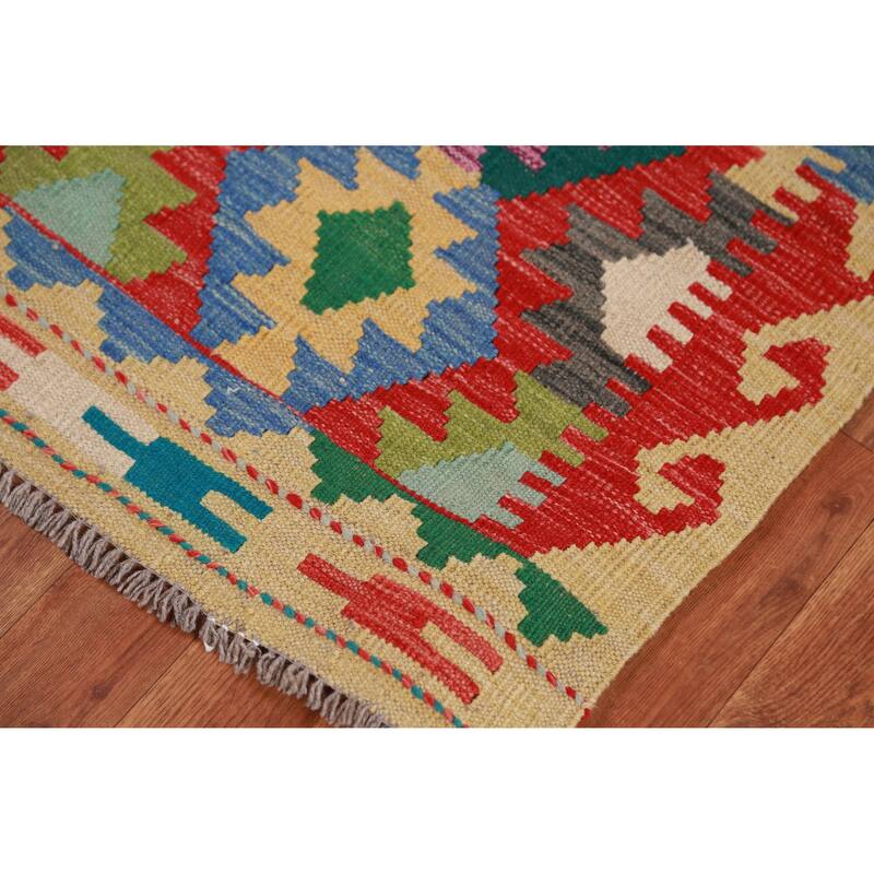 Hand Woven Oriental 100% Wool Carpet Southwestern Geometric Multi-Colored Kilim Runner Rug - 12' 11'' X 2' 9''