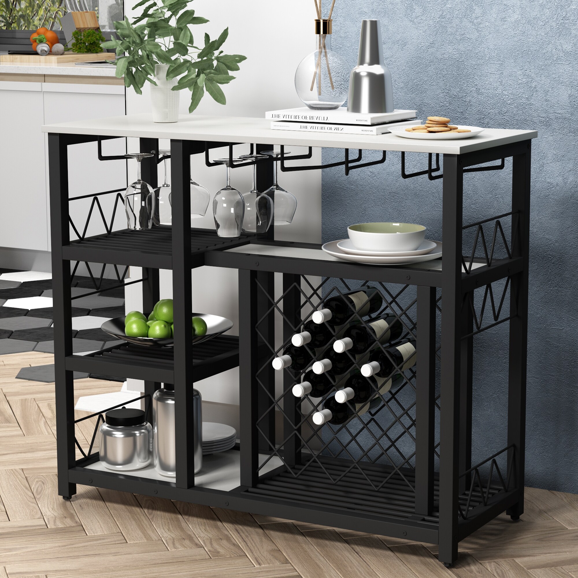Modern Industrial Home Kitchen Dining Room Metal Wine Rack Table With Glass Holder Freestanding Wine Bar Cabinet Console Overstock