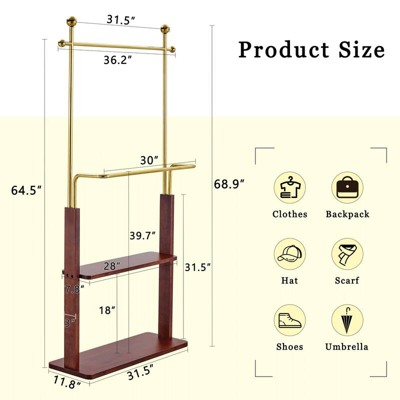Roomfitters Double-Layer Coat Rack with Golden Frame, Solid Wood Shelf and Hat Stand for Entryway Storage, Gold+Walnut