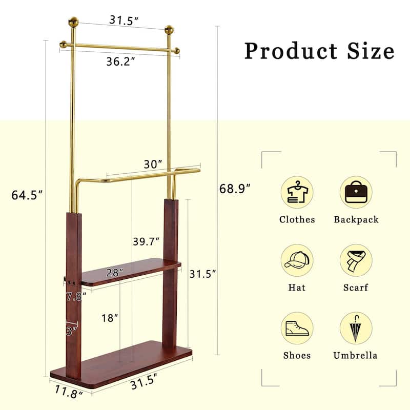 Stainless Steel Hanger,Solid Wood Double-Layer Coat Rack,68.9"H With Solid Wood Partition (One Cabinet For Multiple Uses)