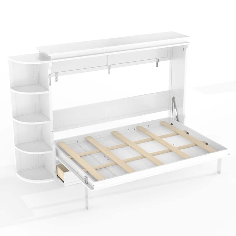 Murphy Platform Bed with Side Cabinets & Drawers, Wall Bed with Shelf for Home Office, Queen or Full