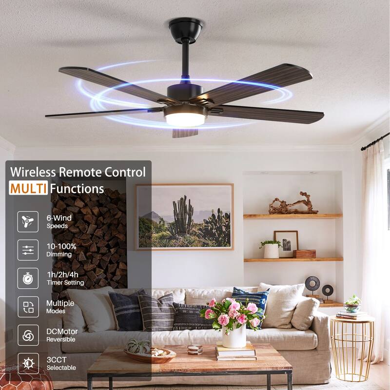 Modern Farmhouse Large Ceiling Fan with Integrated Light and Remote, Ceiling Fan with Timer and 6-speed Wind