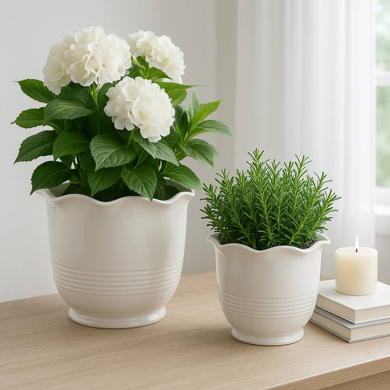 Ceramic Planter Ruffle Edge Home Garden Use (Set of 2) - 10", 7" Ivory - 11" x 11" x 9.5"