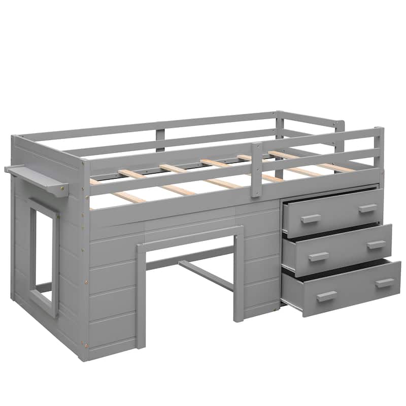 Compact Twin Loft Bed with Storage Cabinet and Shelf in Gray