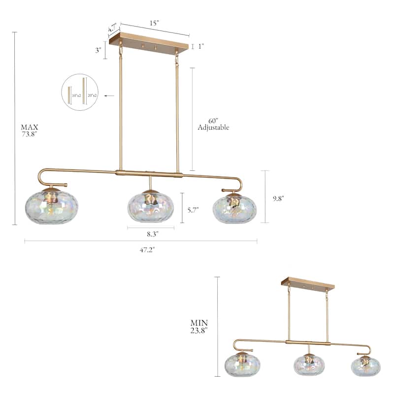 Modern Glam 3-Light 47.2 IN Gold Globe Chandelier Colored Glass Linear Island Lights for Dining Room - W 47.2" x D 8.3" x H 9.8"