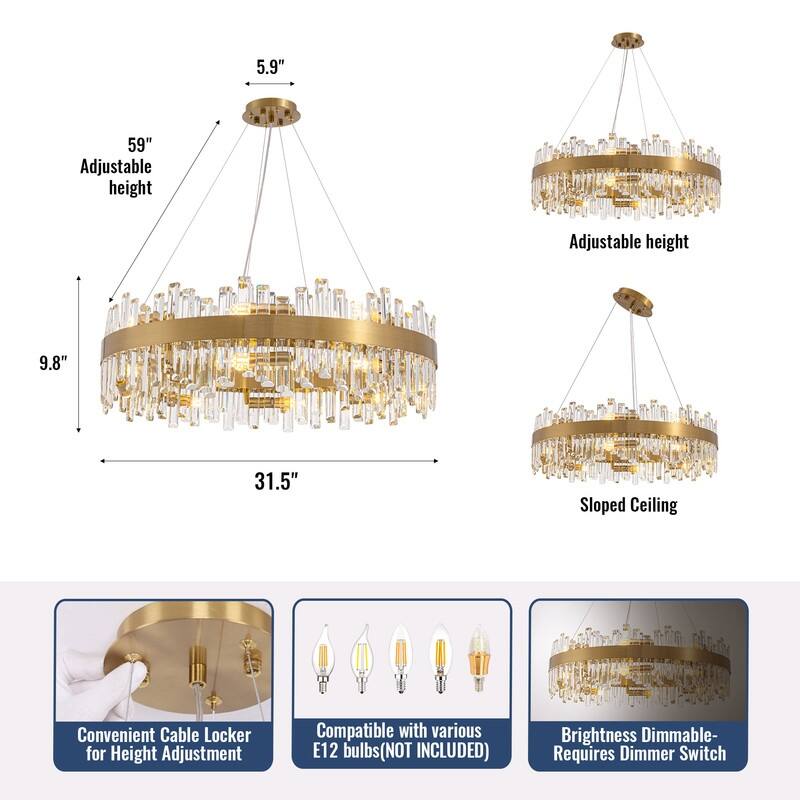 32 in. 2-Tier Modern Crystal Chandelier Brass Gold Round Crystal Raindrop Chandelier Contemporary Pendant Light for Dining Room