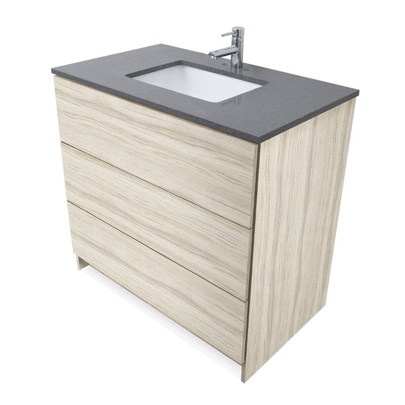 Element Standing 36 in x W x 22 in D x 35 in H Bathroom Vanity in Ebony with Galaxy Grey Quartz Top - Galaxy Grey - White Oak