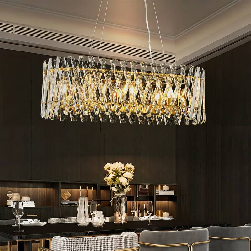 8-Light Brushed Gold Modern Luxury Iron & Cut Glass Chandelier Light with Adjustable Height for Living & Dining Rooms