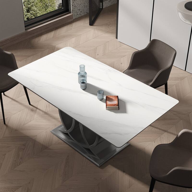 Modern Rectangle Stone Slab Tabletop Stainless Steel Pedestal Dining Table - 10 Seats - White