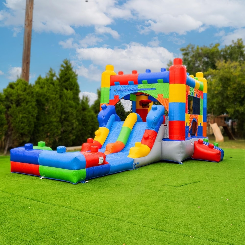 HeroKiddo Block Party Commercial Grade Inflatable Bounce House Water Slide Combo with Air Blower, Lightweight, Kids Outdoor Play