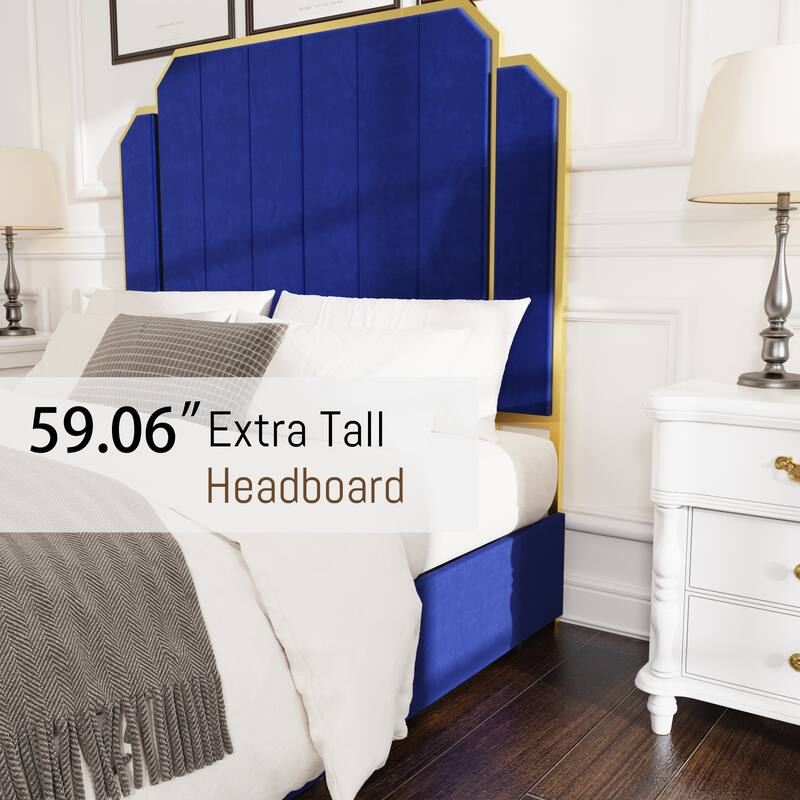 Gold+Blue Queen Upholstered Platform Bed with Golden Plating Trim