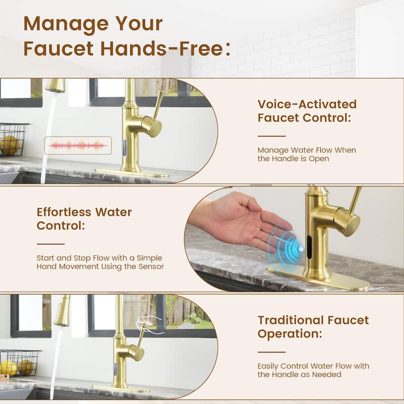 Smart Touchless Single Handle Pull-Down Sprayer Kitchen Faucet with Infrared Sensor and Smart Voice Control