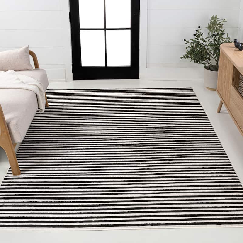 JONATHAN Y Maribo Minimalist Scandi Striped Navy/ivory Area Rug - 2x8 - Black/White