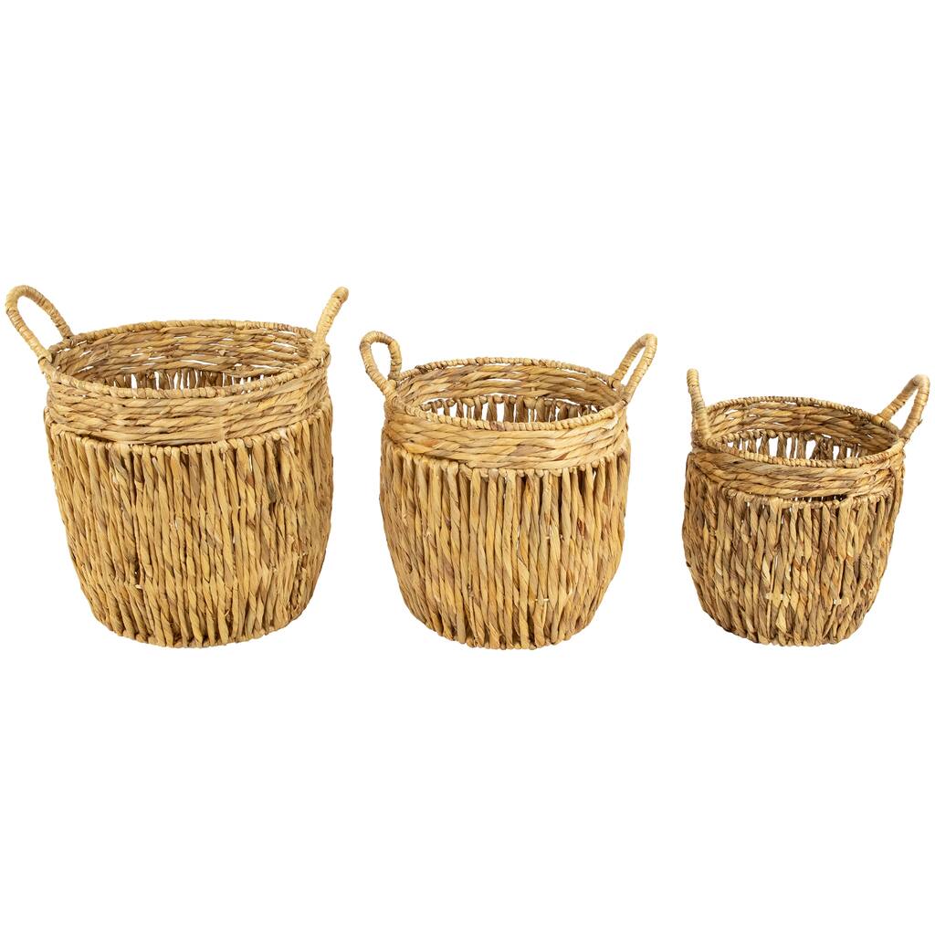 Set of 3 Textured Woven Water Hyacinth Rustic Storage Baskets with Handles 15.75" - 15.75