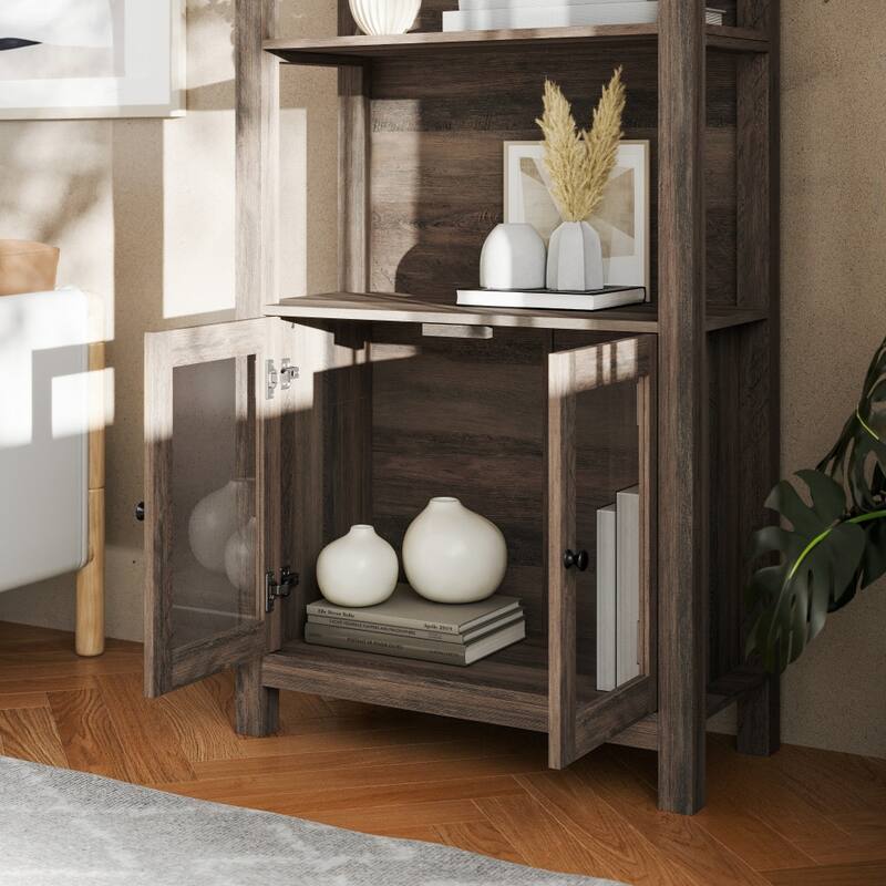 3 Tier Farmhouse Style Storage Cabinet Bookshelf with Glass Doors