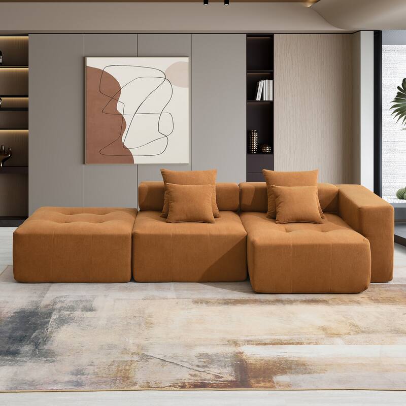 105.5" Corduroy L-Shaped Modular Sofa, Tufted Design, No Assembly
