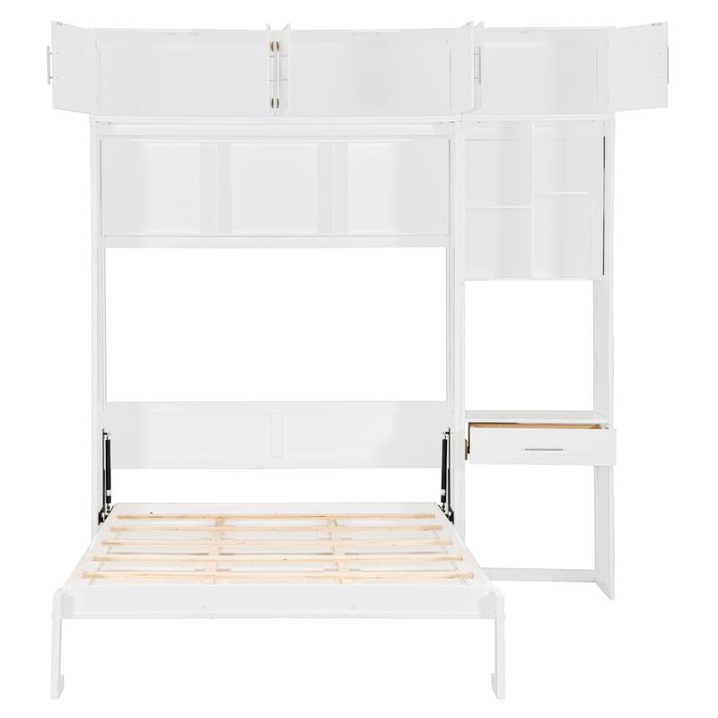 Foldable Platform Bed Full Murphy Bed Wall Bed with Built-in Desk, Spacious Top Cabinets, Integrated Side and Overhead Shelves