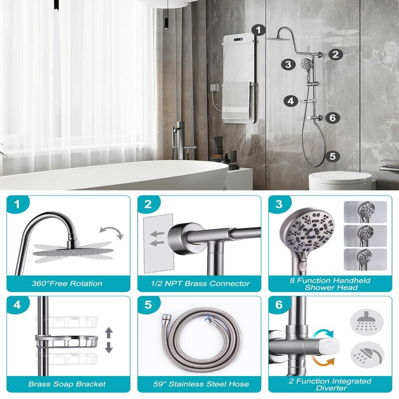 WOWOW Wall Bar Shower Kit 8 in. Rain Shower Head with Hand Shower