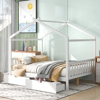 Full Size House Platform Bed with Two Drawers,Headboard and Footboard,Roof Design