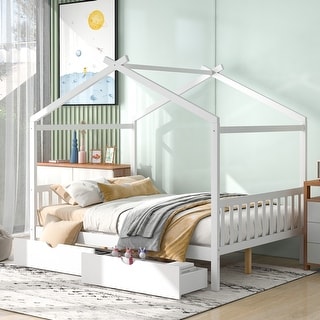 White Full Size Pine Wood House Platform Bed with Two Drawers, Headboard and Footboard