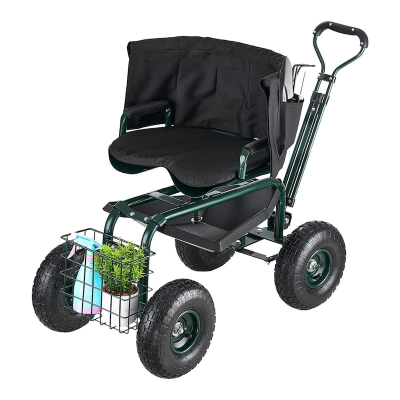 Green and Black Steel Rolling Garden Cart with Inflatable Tires, Adjustable Handle and 360 Seat
