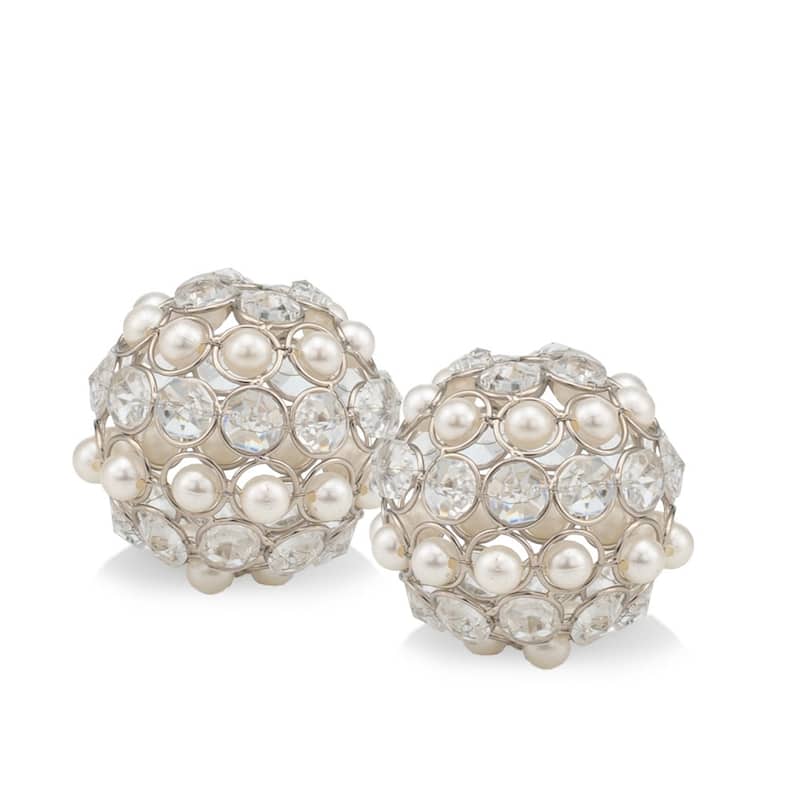 HomeRoots Set of Two Silver and Clear Faux Crystal and Pearl Decorative Orbs - 3 x 3 x 3