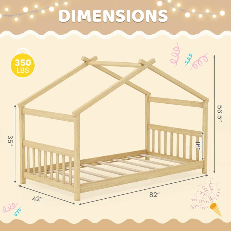 Costway Twin Size House Bed with Roof Wooden Low Floor Bed No Box