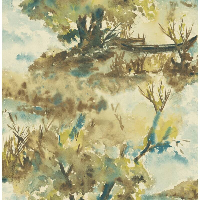 Seabrook Designs Attersee Trees Scenic Watercolor Unpasted Wallpaper - 20.5 in. W x 33 ft. L (approximately 56 sq. ft.) - Ocean Blue, Brown & Yellow