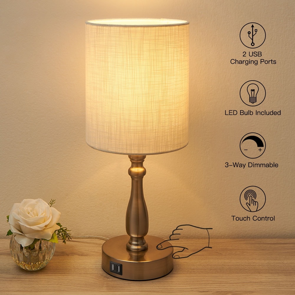 3-Way Dimmable Touch Control Small Table Lamp with 2 USB Port, Brushed Steel