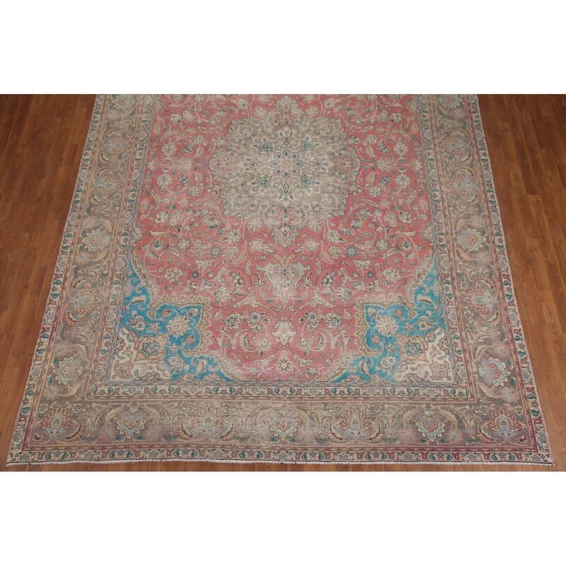 Hand Knotted Oriental 100% Wool Carpet Traditional Floral Pink Mashad Area Rug - 12' 9'' X 9' 4''