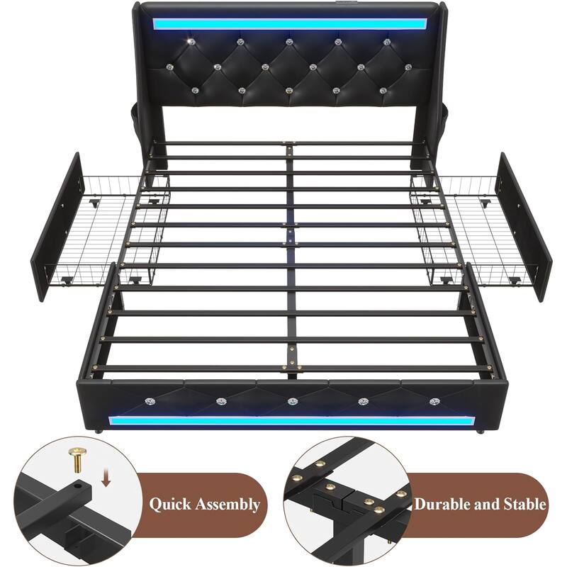 Queen Bed Frame with LED Lights, Upholstered Bed Frame with Charging Station, Platform Bed with Diamond Headboard, Wooden Slats