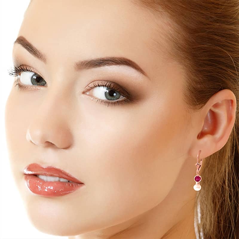 5.2 Carat 14K Solid Gold Leverback Earrings Natural Pearl Ruby