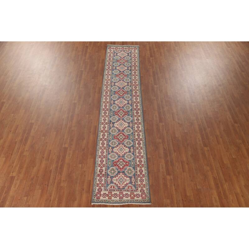 Geometric Kazak Runner Rug Hand-Knotted Blue Wool Carpet - 2'6" x 12'8"