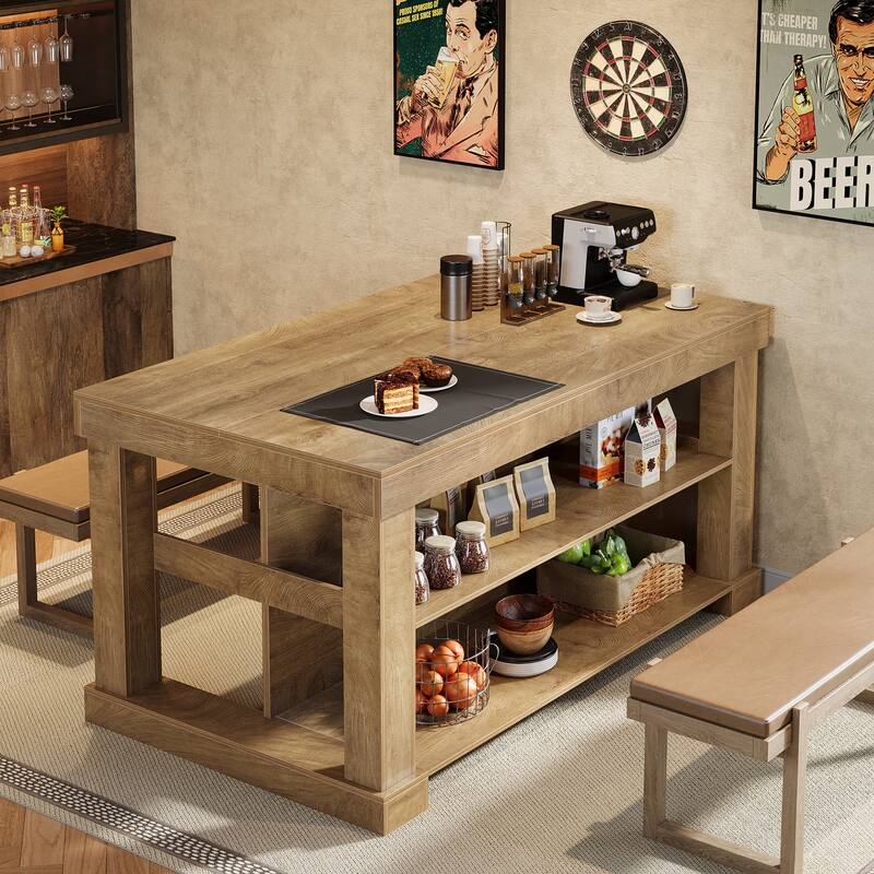 59 Inch Stationary Kitchen Island with Seating and Shelves, Farmhouse Style - 31.5" D x 55.12" W x 35.43" H