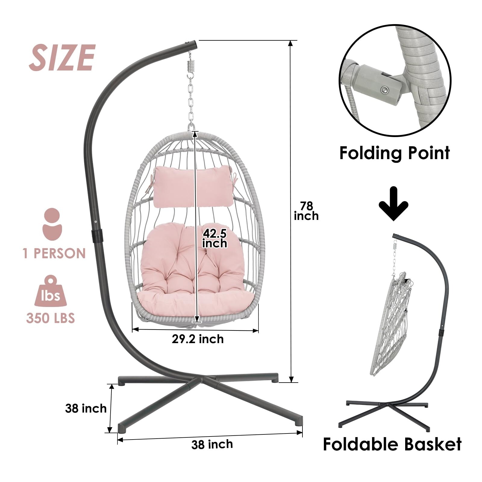 Yechen Egg Hanging Chair with Stand Patio Wicker Pink Swing Chair Hammock Egg Chairs with UV Resistant Cushion for Indoor Bedroom Outdoor Garden