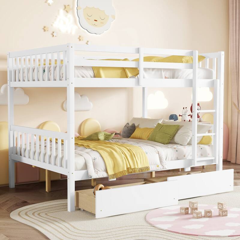 full Over full Rubber Wood Bunk Bed with 2 Drawers, Convertible into 2 full Beds - White