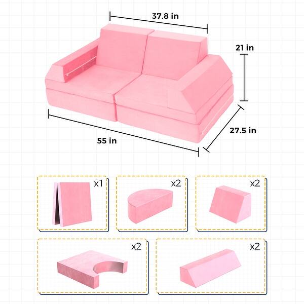 10-Piece Modular Convertible Kids Play Couch Sofa Set with Removable Velvet Covers