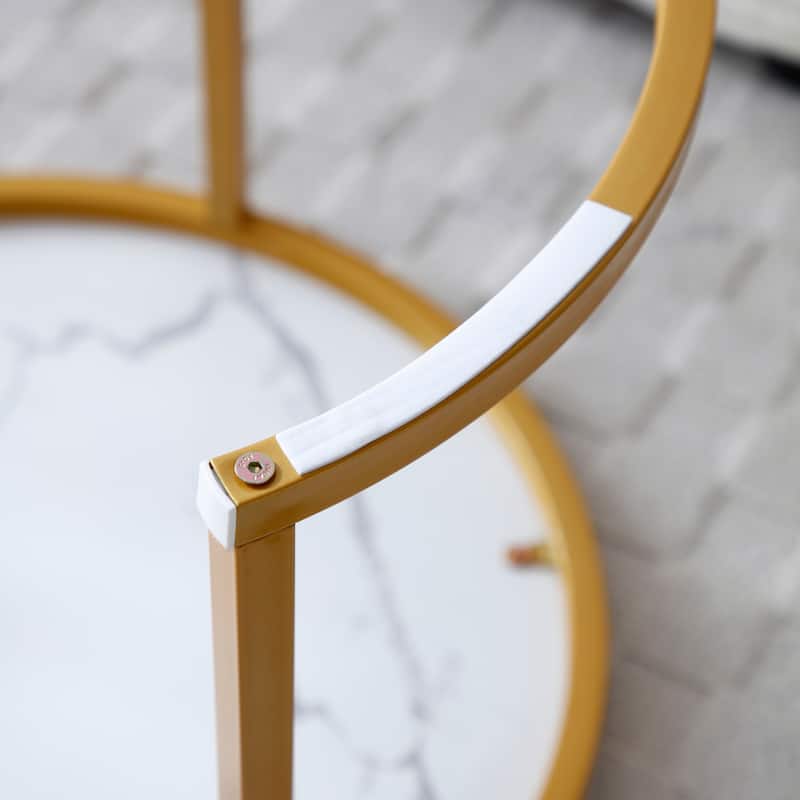 Set of 2, Coffee Table Nesting White and gray top, Golden Frame Circular Round and Marble Pattern Wooden Tables