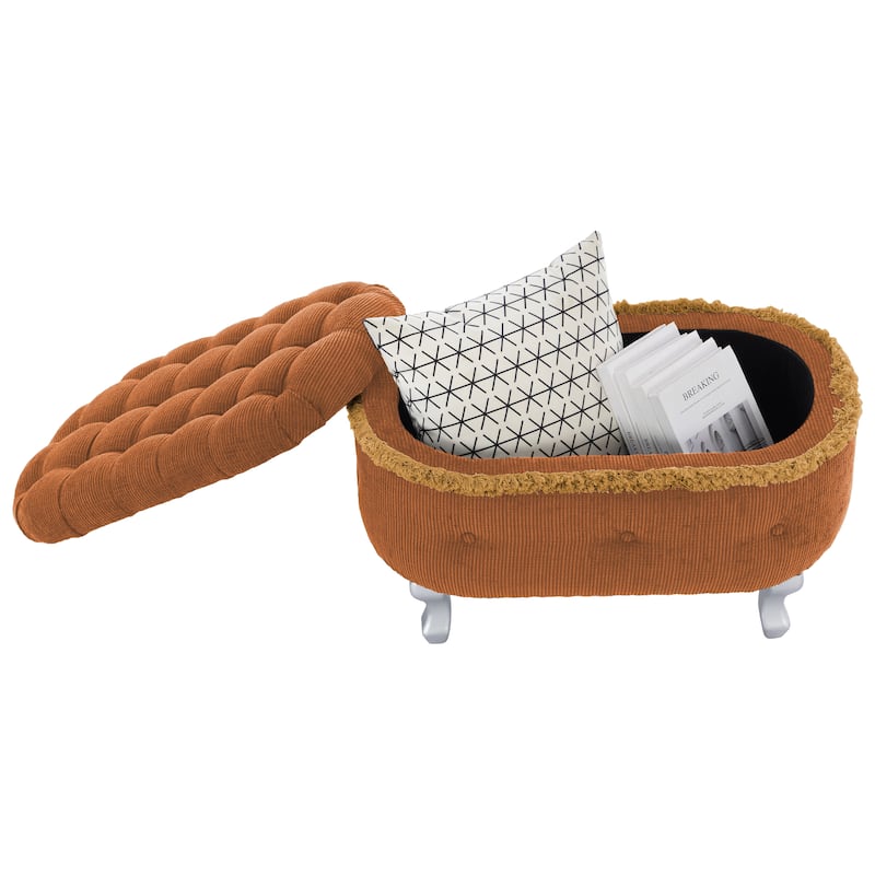 Roomfitters Upholstered Storage Bench with Button Tufted Top, End of Bed Bench with Fringe and Curved Legs