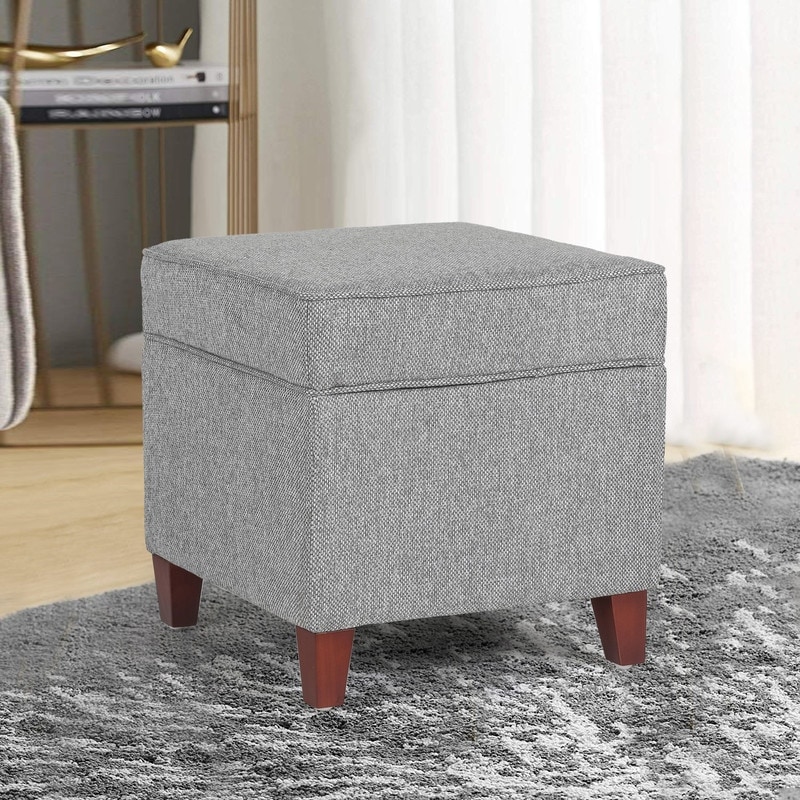 Adeco Square Ottoman with Storage Gray Faux Linen Fabric Footstool