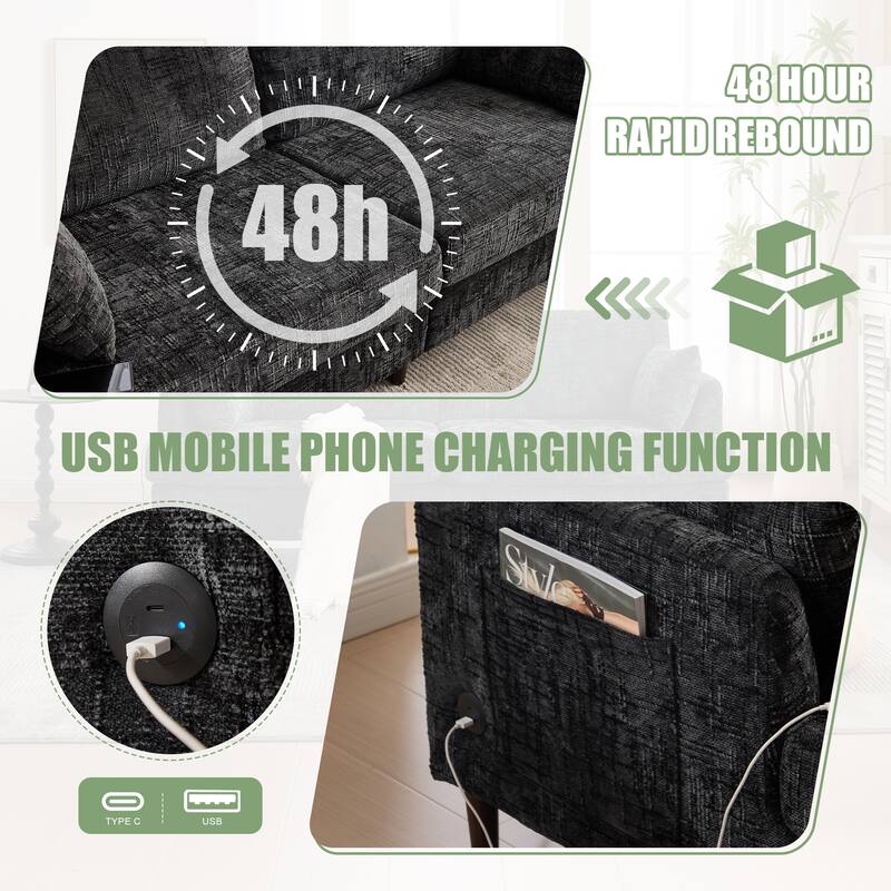 Modern Style Chenille 2-Seater Wood-Legged Sofa With Led Light,USB Charging Port And Storage Bag Living Room Bedroom Study Room